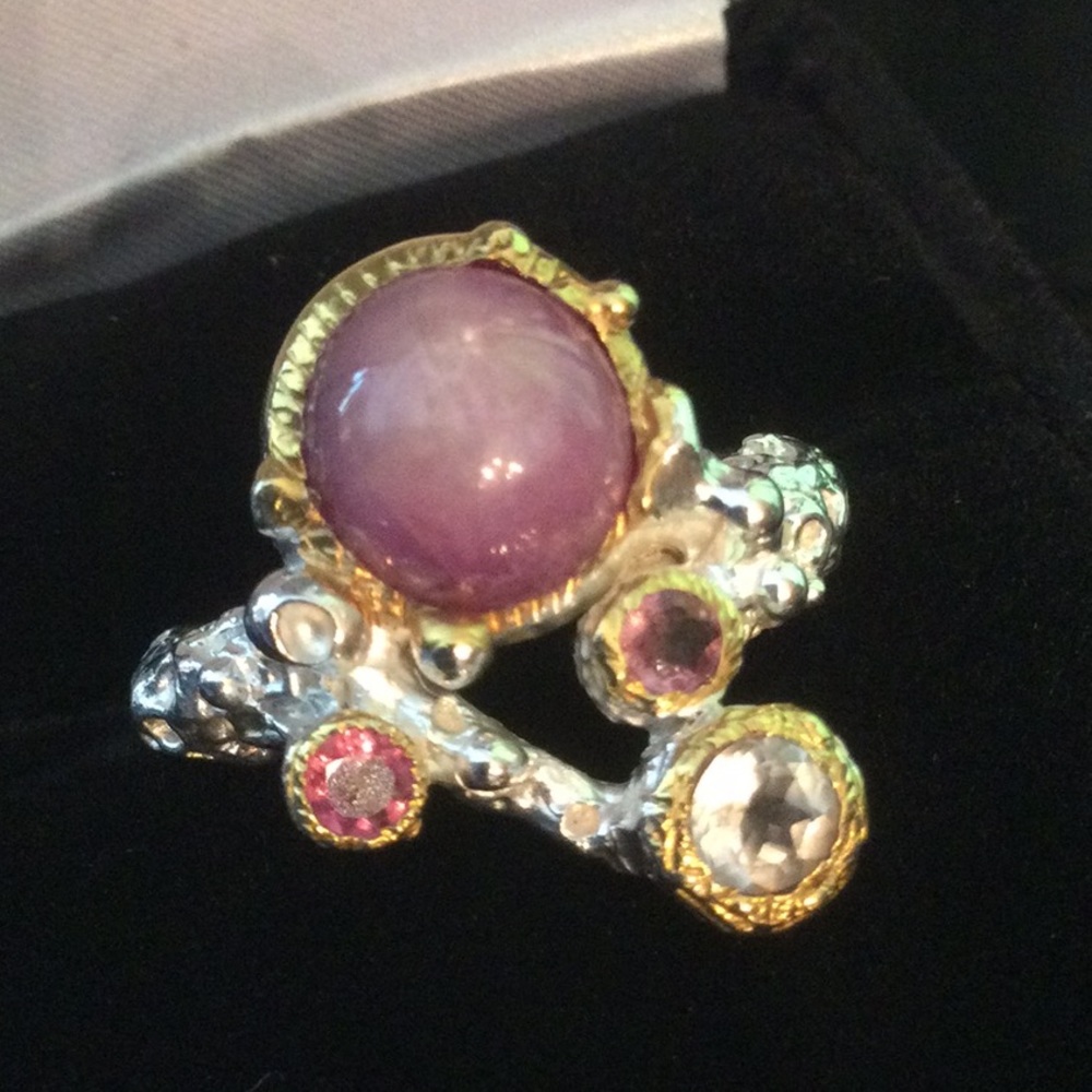 ⭐️Rare,  Star Ruby Cabochon, Pink Topaz & Aquamarine Ring⭐️ - Picture 4 of 14